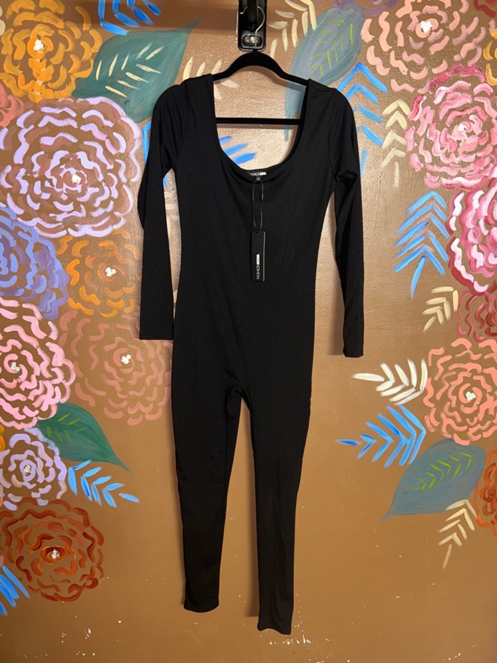 Fashion Nova Black Ribbed Long Sleeve Scoop-Neck Bodysuit